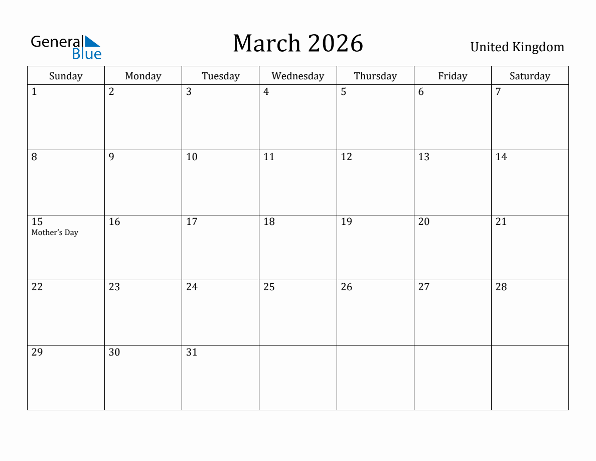 March 2026 monthly calendar with holidays in United Kingdom