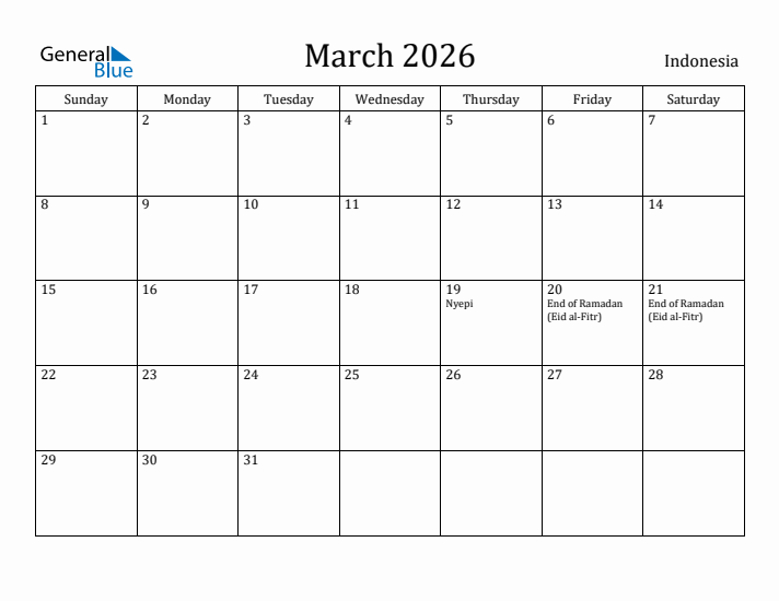 March 2026 Calendar Indonesia