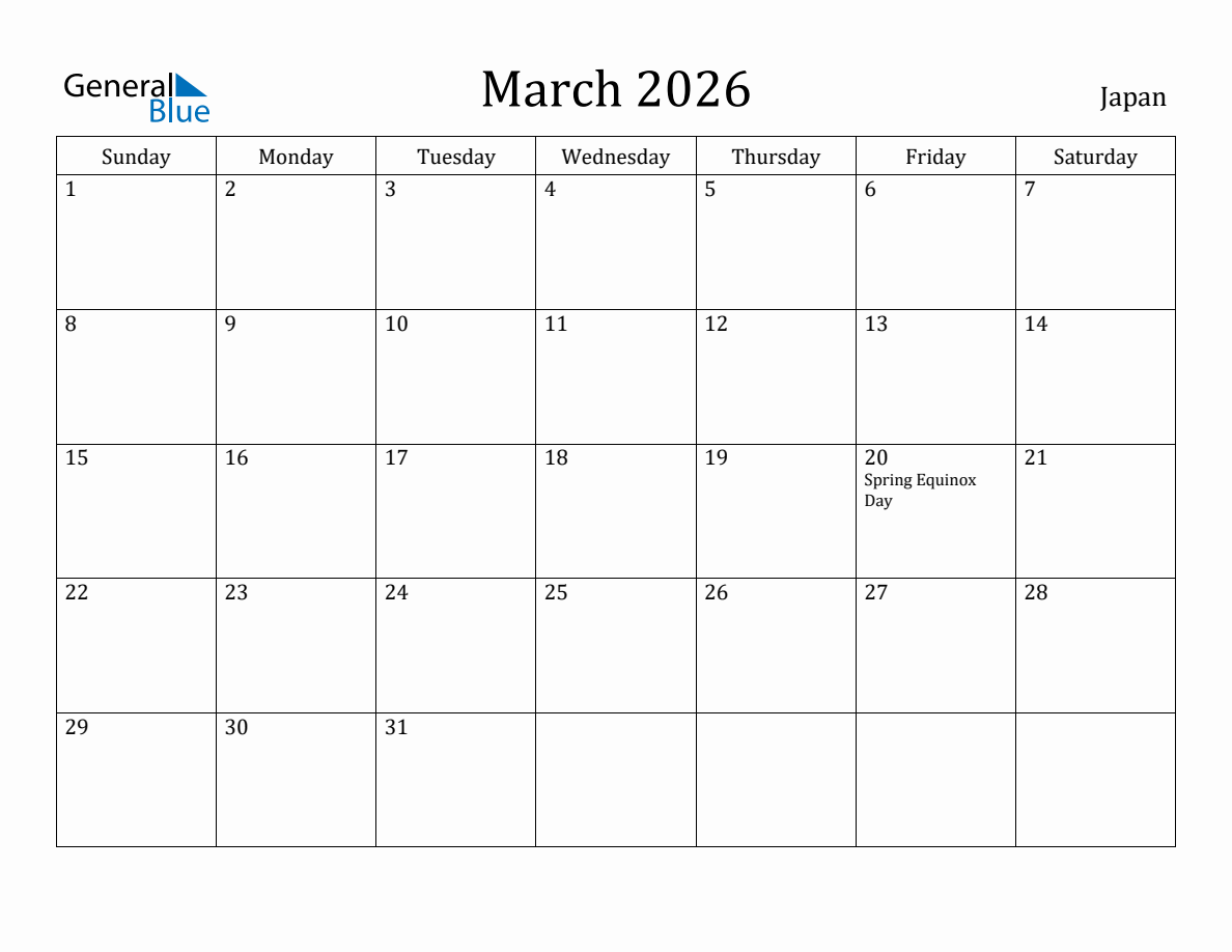 March 2026 monthly calendar with holidays in Japan