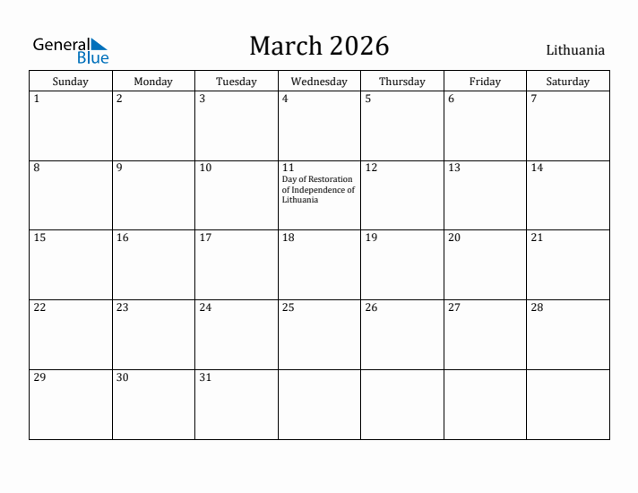 March 2026 Calendar Lithuania