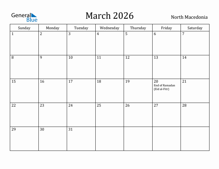 March 2026 Calendar North Macedonia