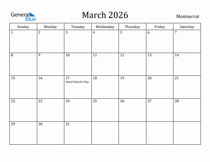March 2026 Calendar Montserrat