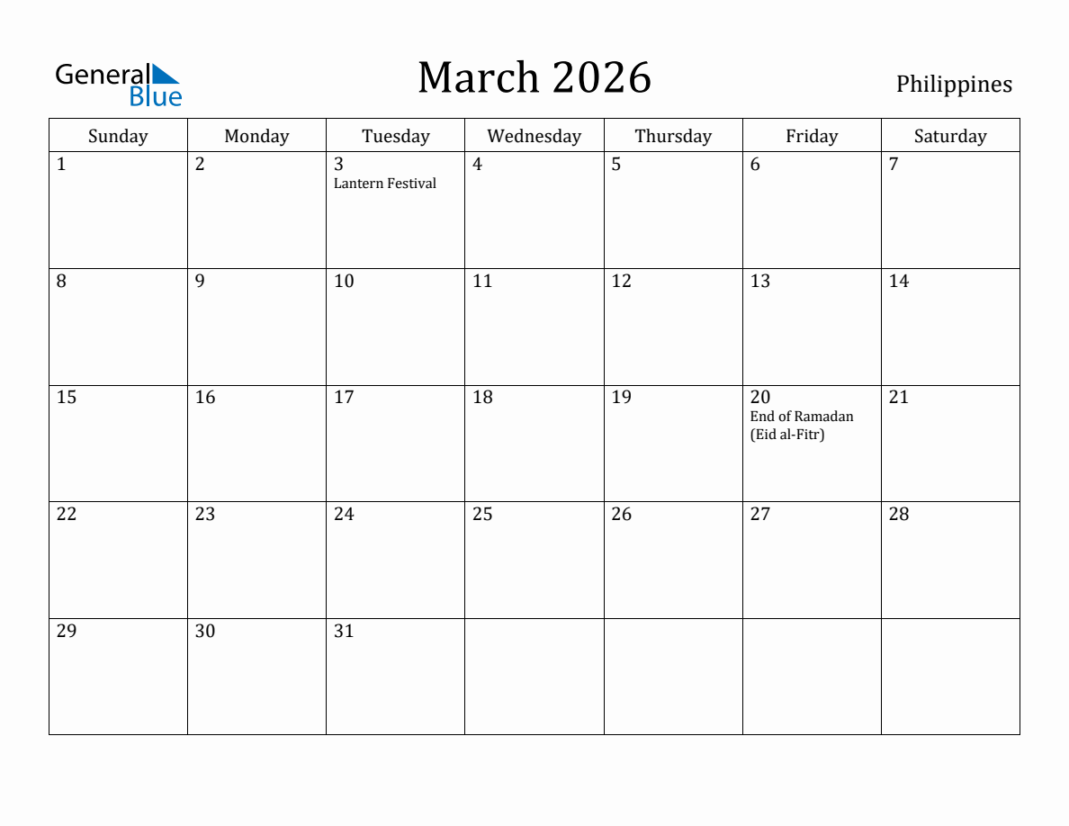March 2026 monthly calendar with holidays in Philippines