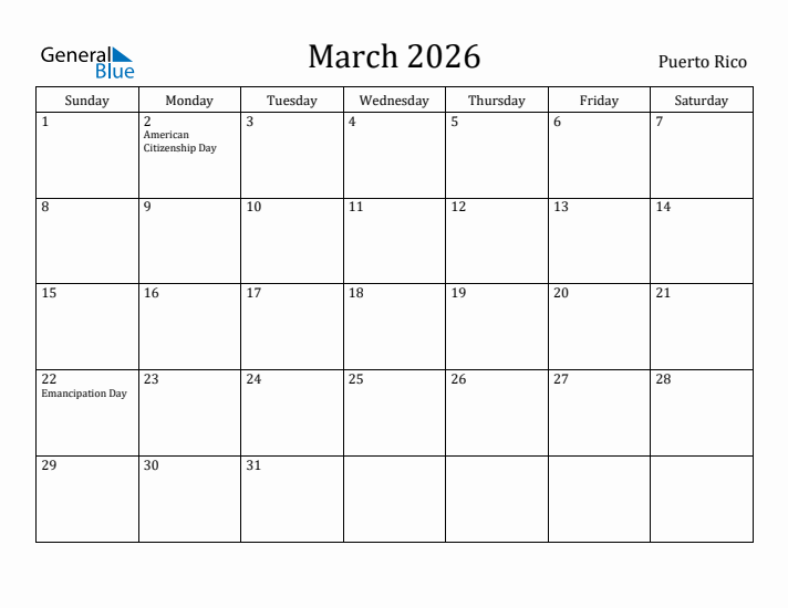 March 2026 Calendar Puerto Rico