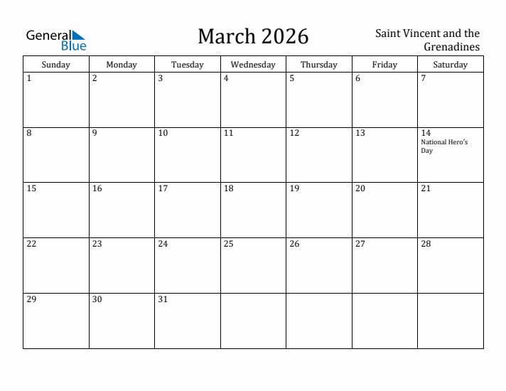 March 2026 Calendar Saint Vincent and the Grenadines