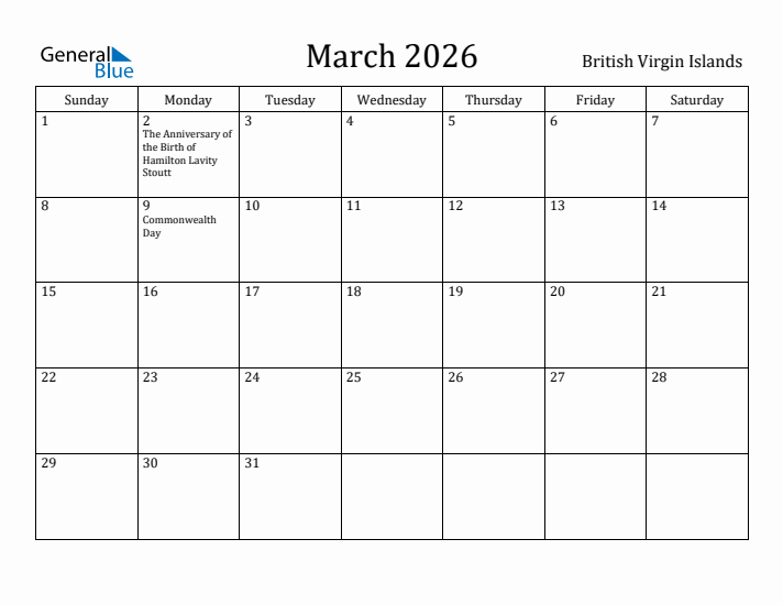 March 2026 Calendar British Virgin Islands
