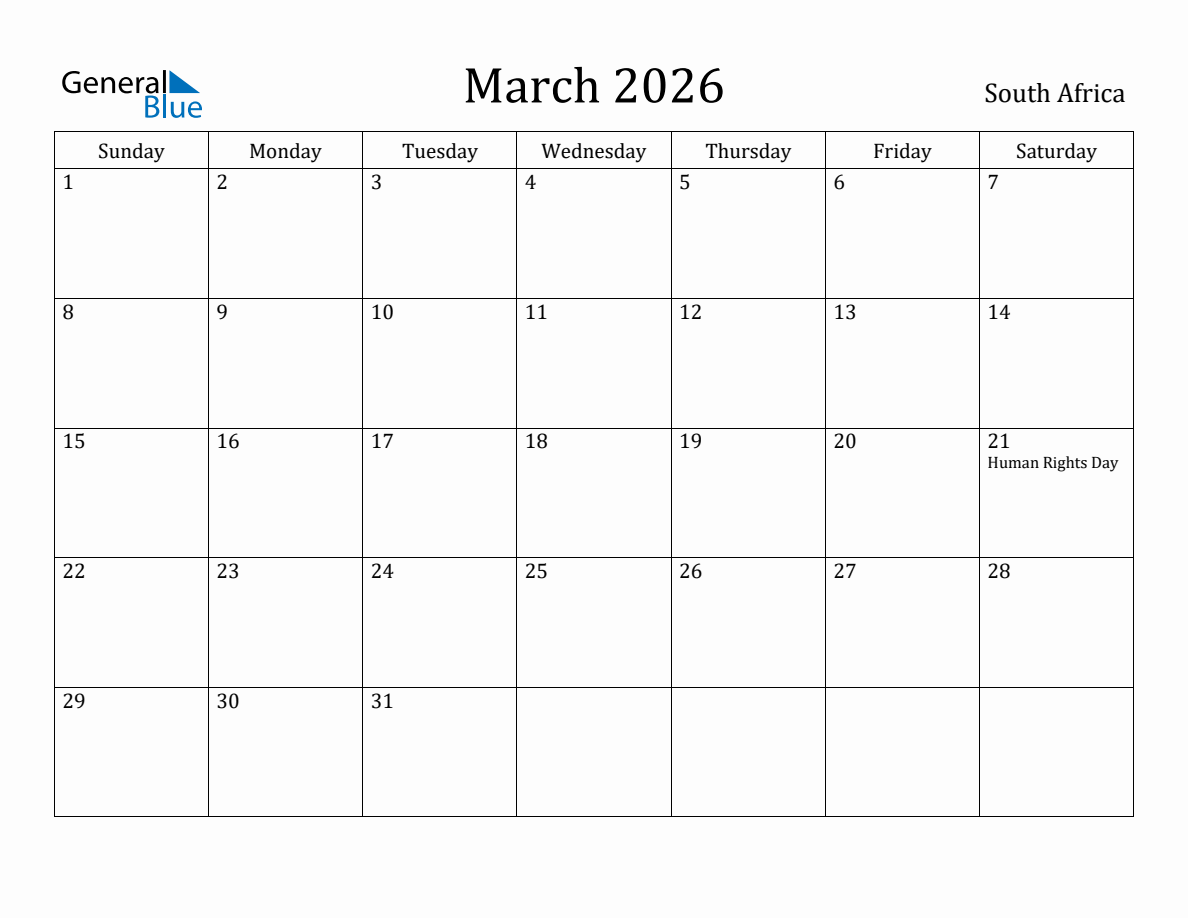 March 2026 Monthly Calendar with South Africa Holidays