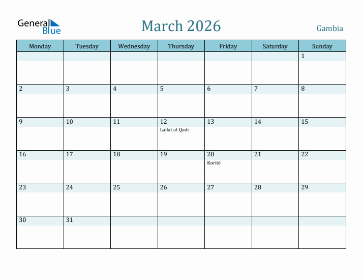 March 2026 Calendar with Holidays