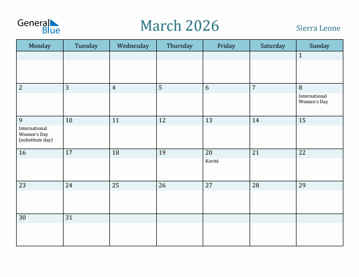 March 2026 Calendar with Holidays