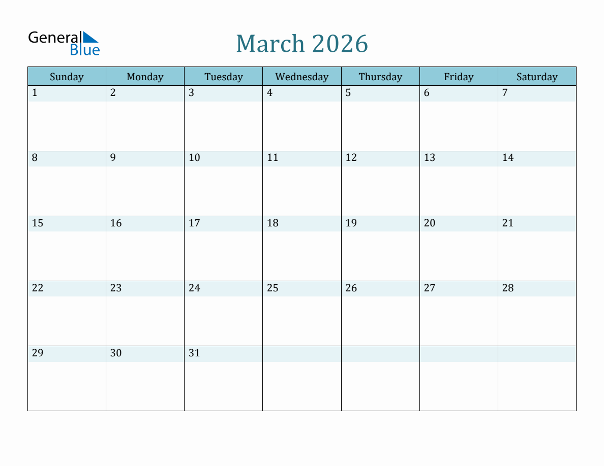 March 2026 Monthly Calendar Template (Sunday Start)