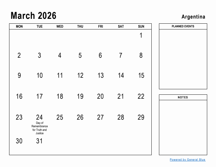 March 2026 Printable Monthly Calendar with Argentina Holidays