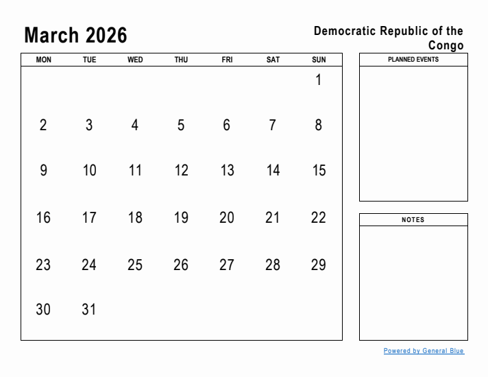March 2026 Printable Monthly Calendar with Democratic Republic of the Congo Holidays