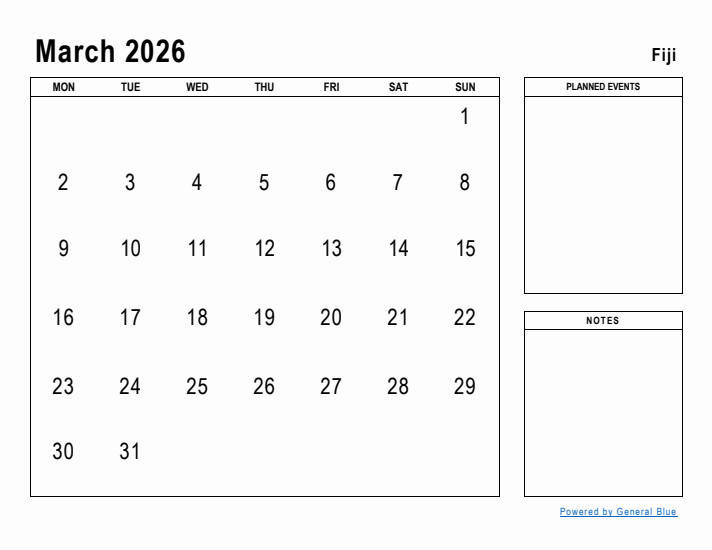 March 2026 Printable Monthly Calendar with Fiji Holidays