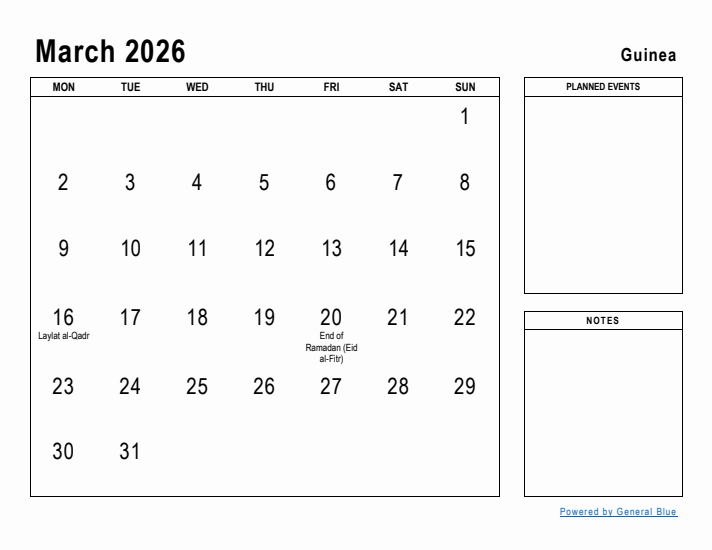 March 2026 Printable Monthly Calendar with Guinea Holidays