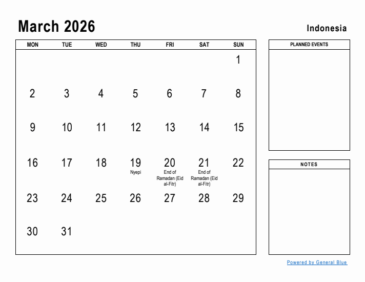 March 2026 Printable Monthly Calendar with Indonesia Holidays