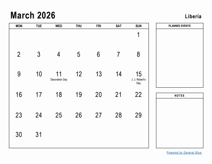 March 2026 Printable Monthly Calendar with Liberia Holidays