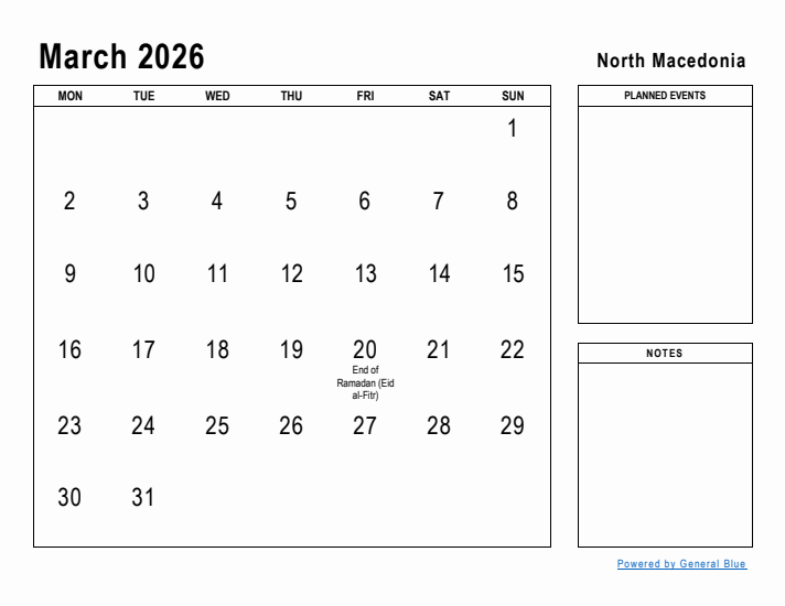 March 2026 Printable Monthly Calendar with North Macedonia Holidays