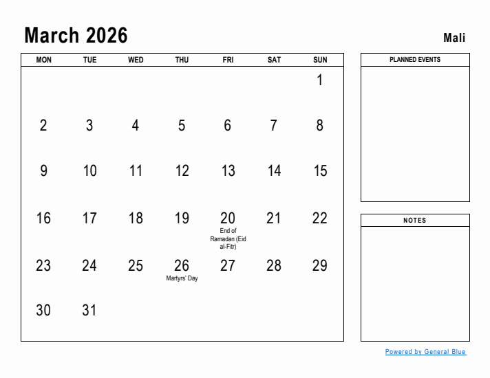 March 2026 Printable Monthly Calendar with Mali Holidays