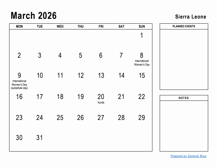 March 2026 Printable Monthly Calendar with Sierra Leone Holidays