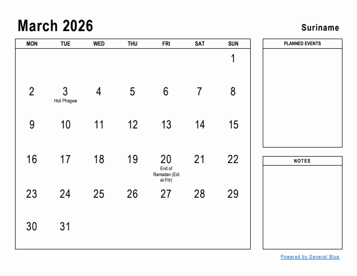 March 2026 Printable Monthly Calendar with Suriname Holidays