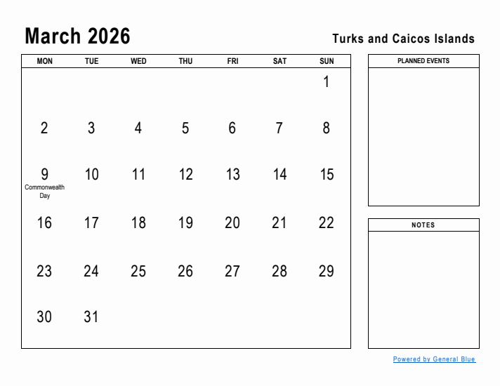 March 2026 Printable Monthly Calendar with Turks and Caicos Islands Holidays