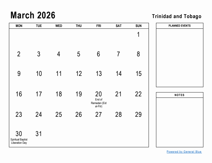 March 2026 Printable Monthly Calendar with Trinidad and Tobago Holidays