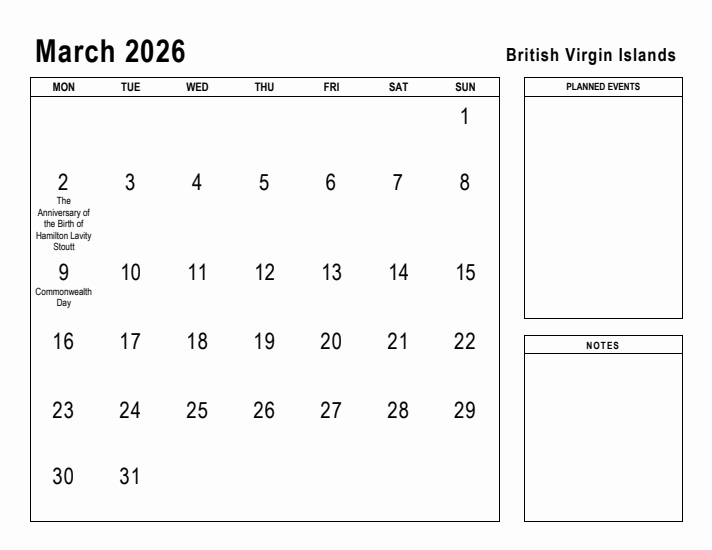 March 2026 Printable Monthly Calendar with British Virgin Islands Holidays