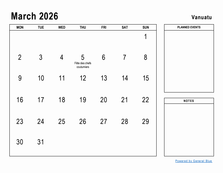 March 2026 Printable Monthly Calendar with Vanuatu Holidays