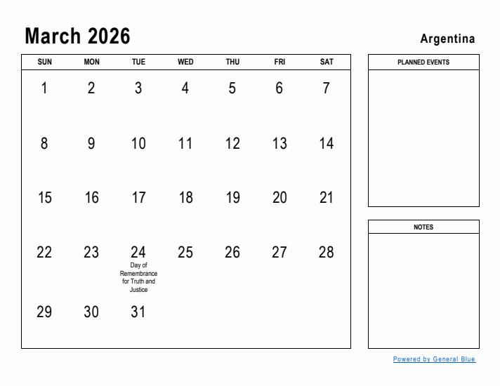 March 2026 Printable Monthly Calendar with Argentina Holidays