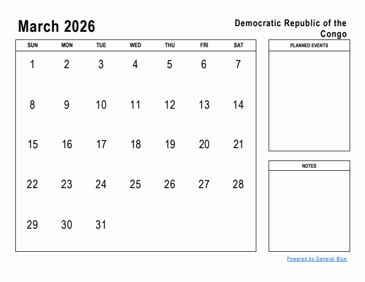 March 2026 Printable Monthly Calendar with Democratic Republic of the Congo Holidays