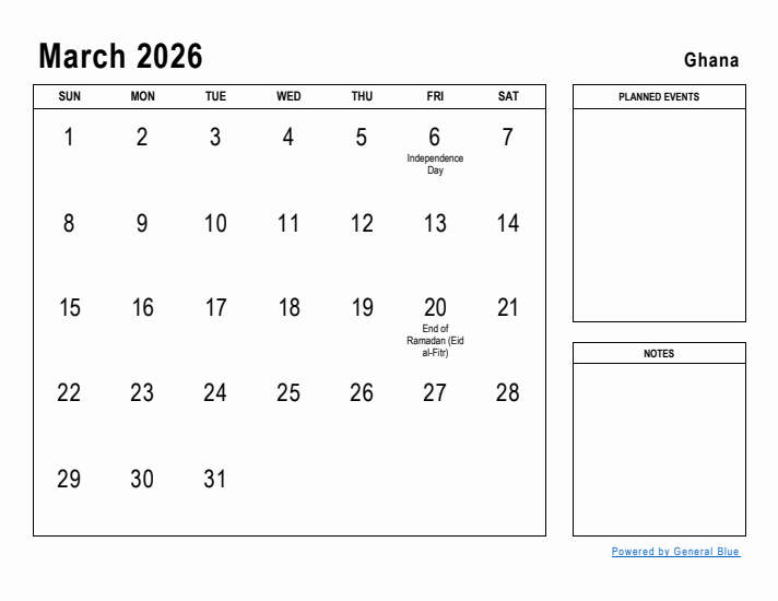 March 2026 Printable Monthly Calendar with Ghana Holidays