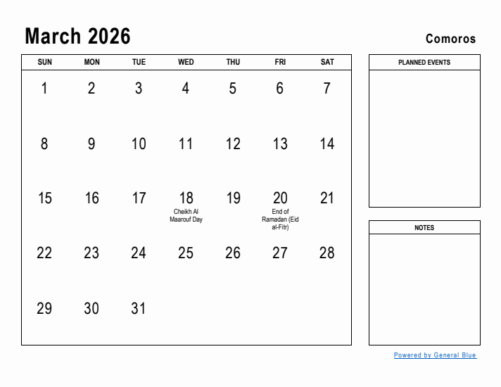 March 2026 Printable Monthly Calendar with Comoros Holidays