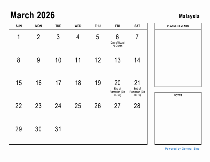 March 2026 Printable Monthly Calendar with Malaysia Holidays