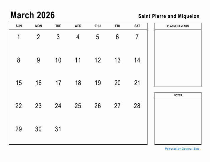 March 2026 Printable Monthly Calendar with Saint Pierre and Miquelon Holidays