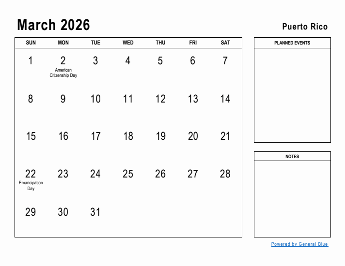 March 2026 Printable Monthly Calendar with Puerto Rico Holidays