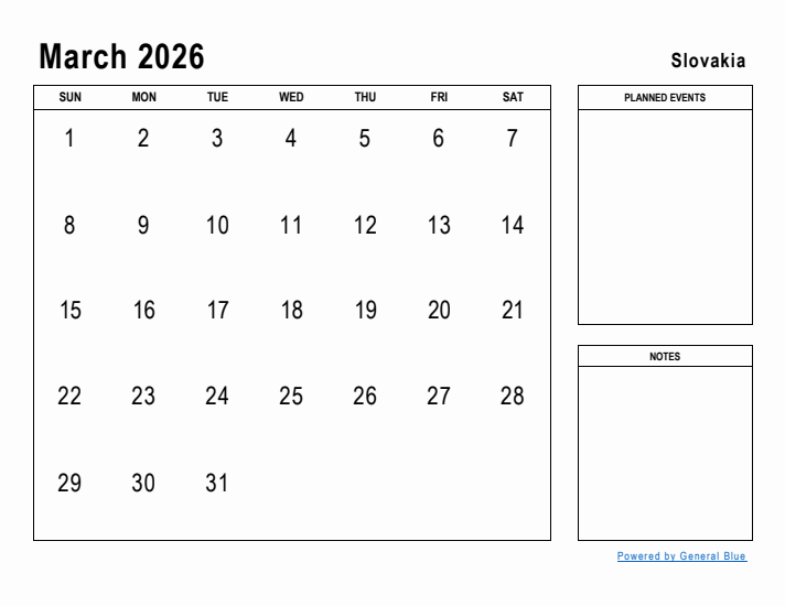 March 2026 Printable Monthly Calendar with Slovakia Holidays