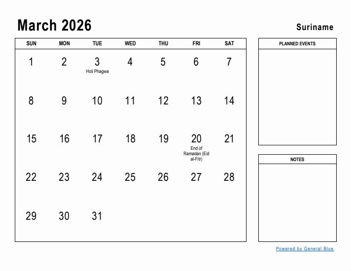 March 2026 Printable Monthly Calendar with Suriname Holidays