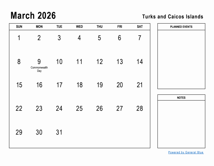 March 2026 Printable Monthly Calendar with Turks and Caicos Islands Holidays
