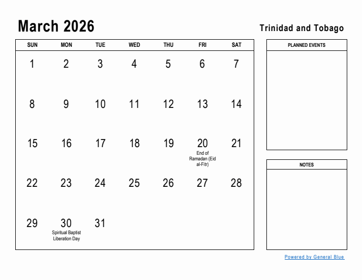 March 2026 Printable Monthly Calendar with Trinidad and Tobago Holidays