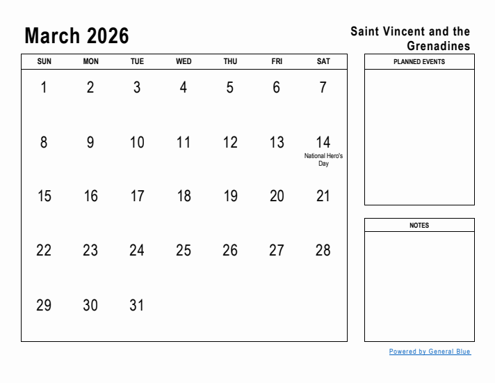 March 2026 Printable Monthly Calendar with Saint Vincent and the Grenadines Holidays