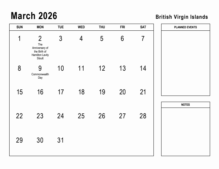 March 2026 Printable Monthly Calendar with British Virgin Islands Holidays