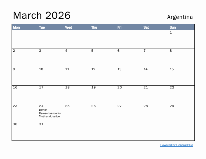 March 2026 Simple Monthly Calendar for Argentina