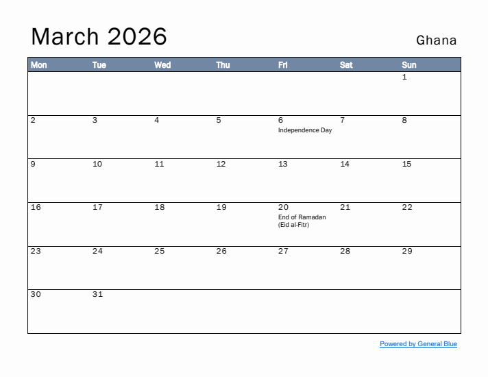 March 2026 Simple Monthly Calendar for Ghana