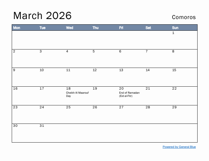 March 2026 Simple Monthly Calendar for Comoros