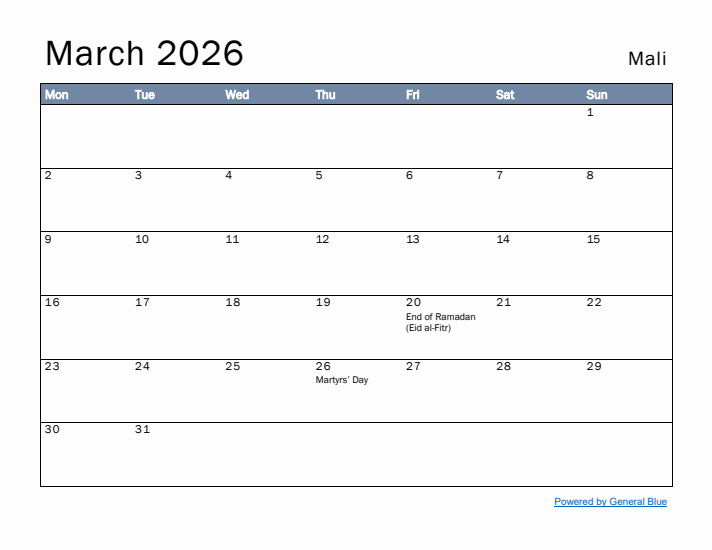 March 2026 Simple Monthly Calendar for Mali