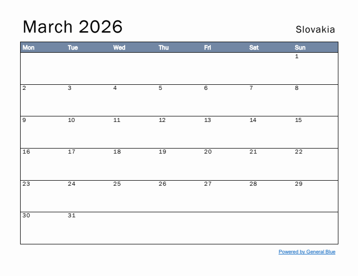 March 2026 Simple Monthly Calendar for Slovakia