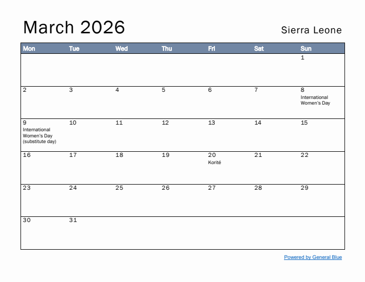 March 2026 Simple Monthly Calendar for Sierra Leone