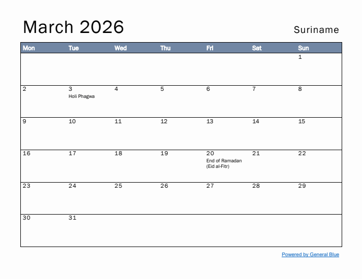 March 2026 Simple Monthly Calendar for Suriname