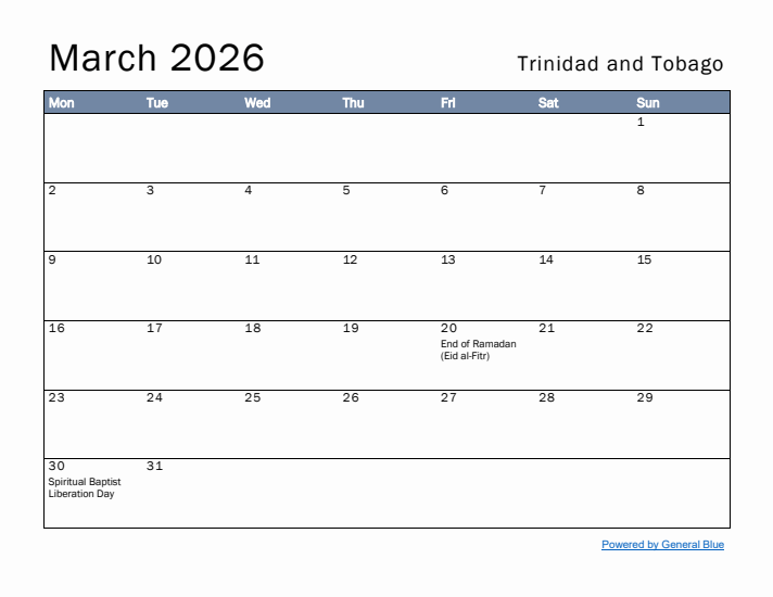March 2026 Simple Monthly Calendar for Trinidad and Tobago