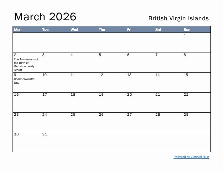 March 2026 Simple Monthly Calendar for British Virgin Islands